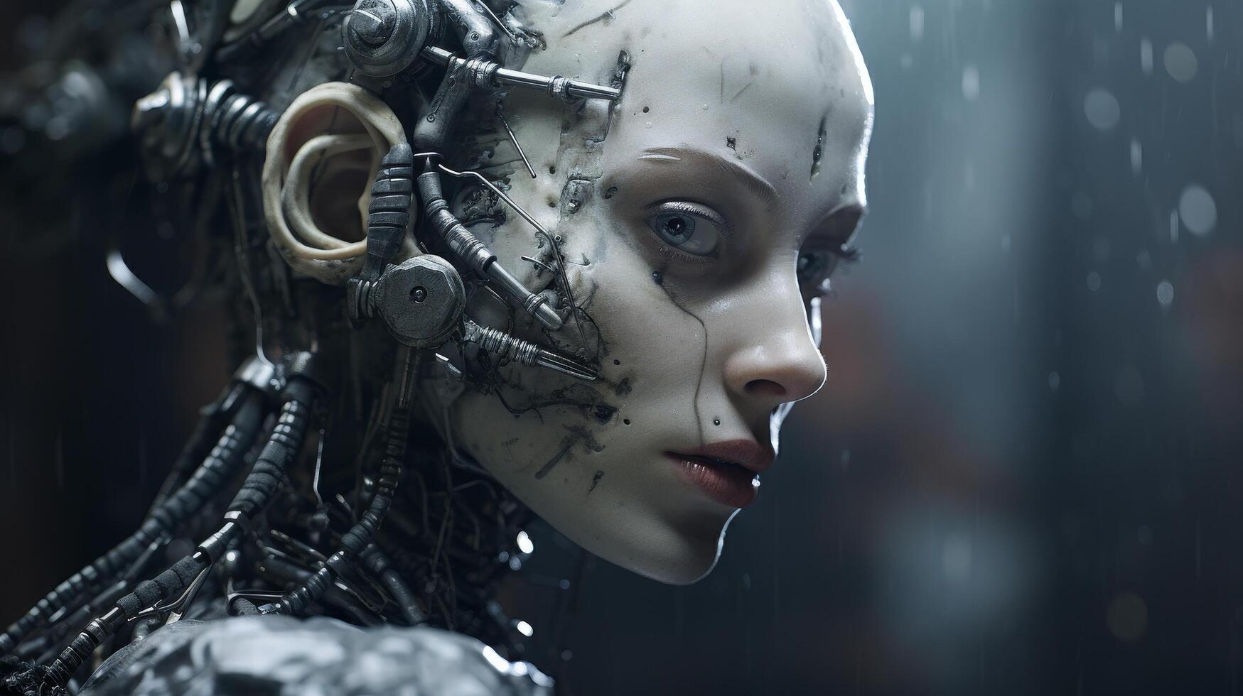 Futuristic cyborg face with mechanical implants photo
