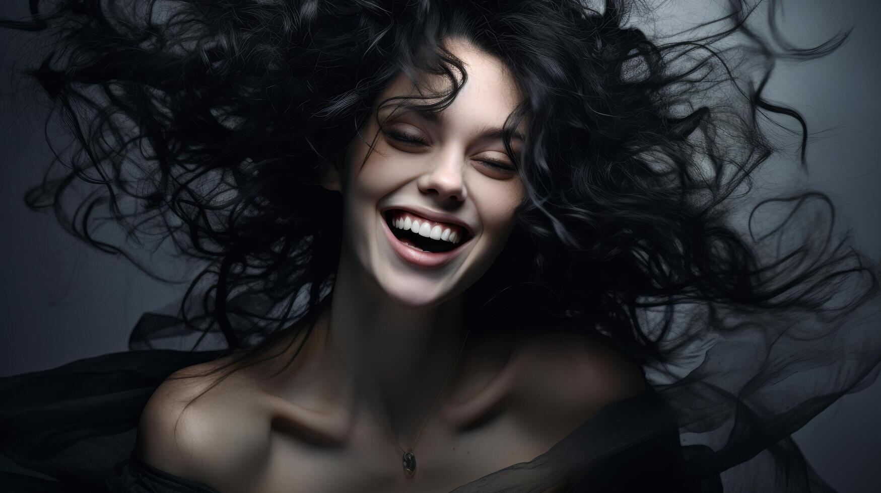 Joyful woman with flowing dark hair photo