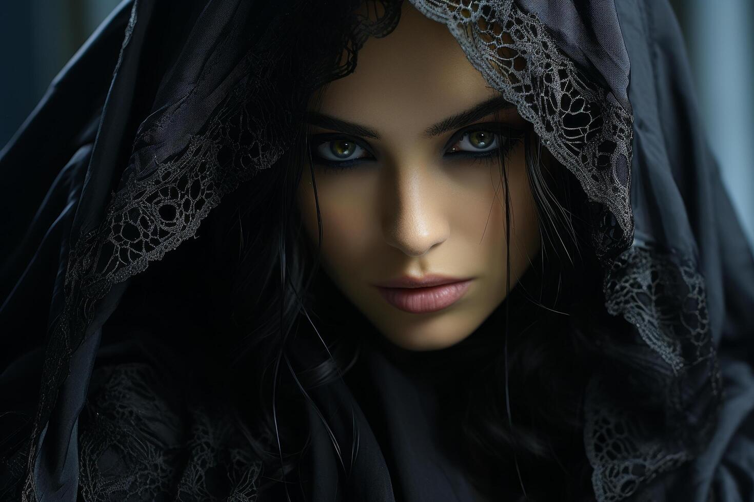 Mysterious woman in dark veil photo