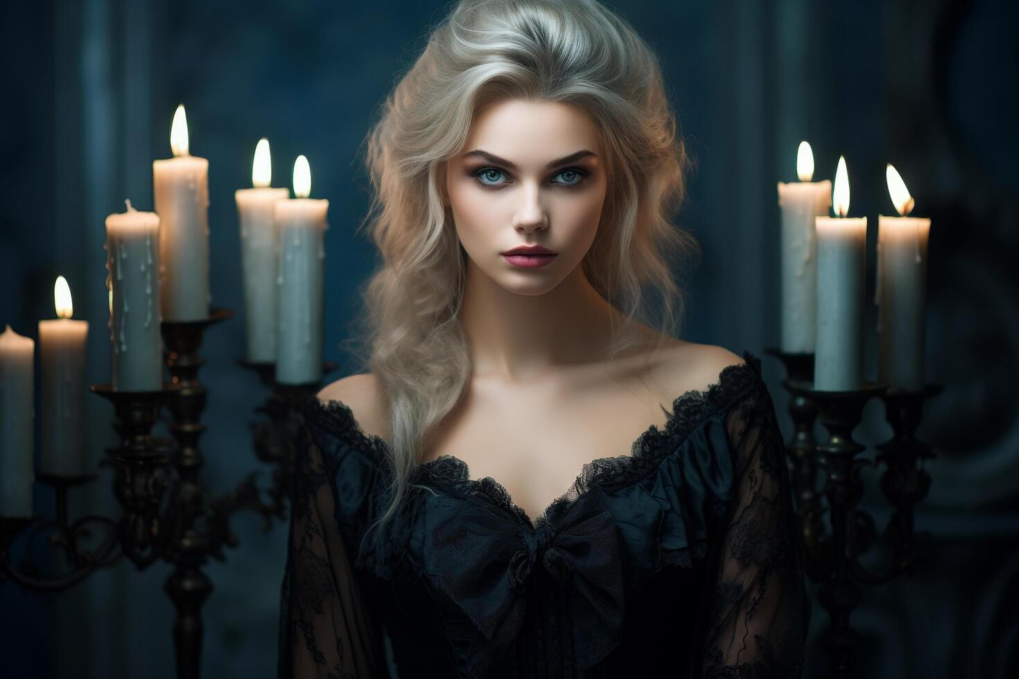 Alluring woman with blonde hair and blue eyes in dramatic lighting photo