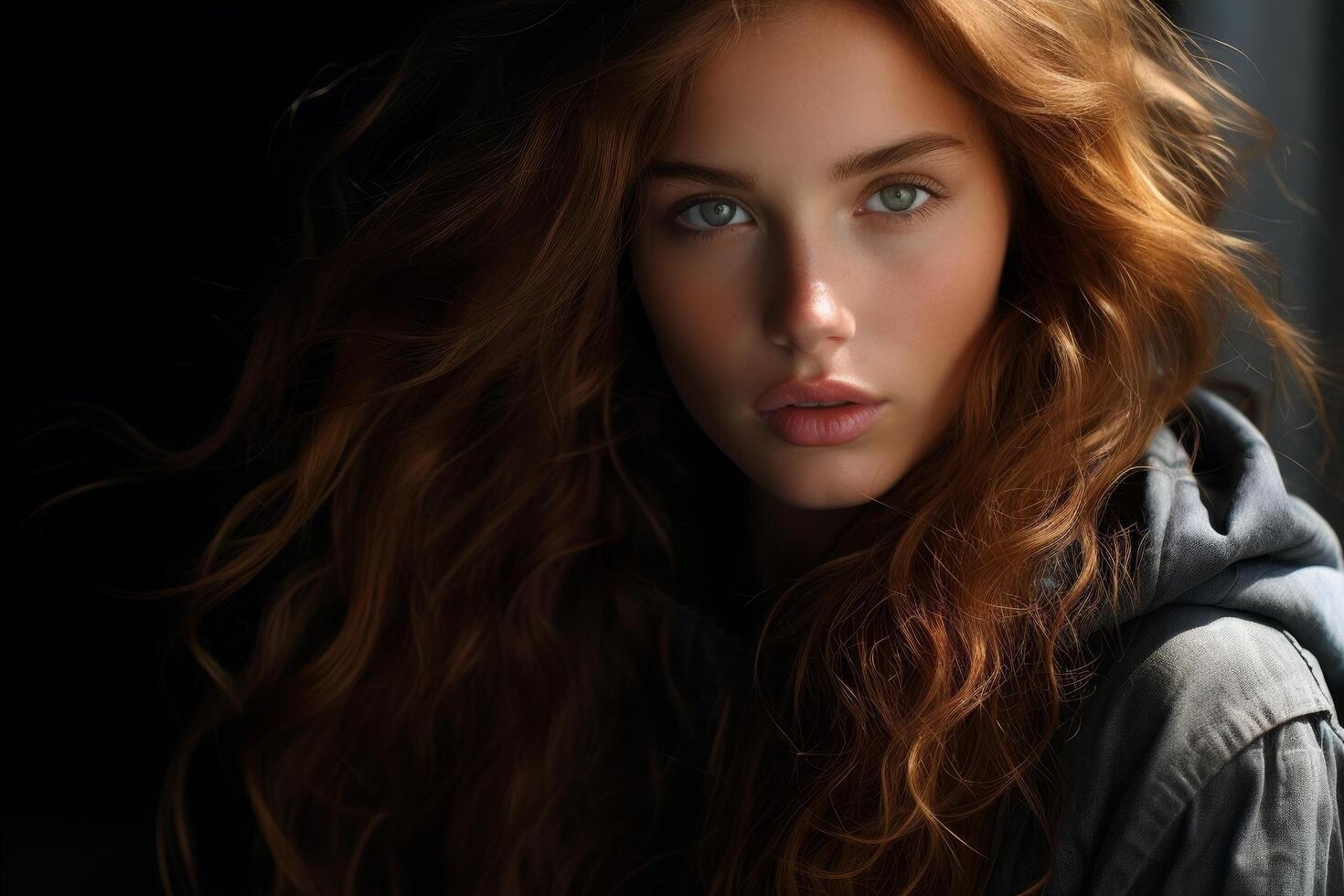 Captivating portrait of a young woman with striking red hair and piercing blue eyes photo