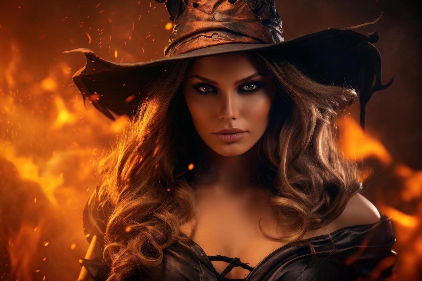 Mysterious witch with fiery background photo