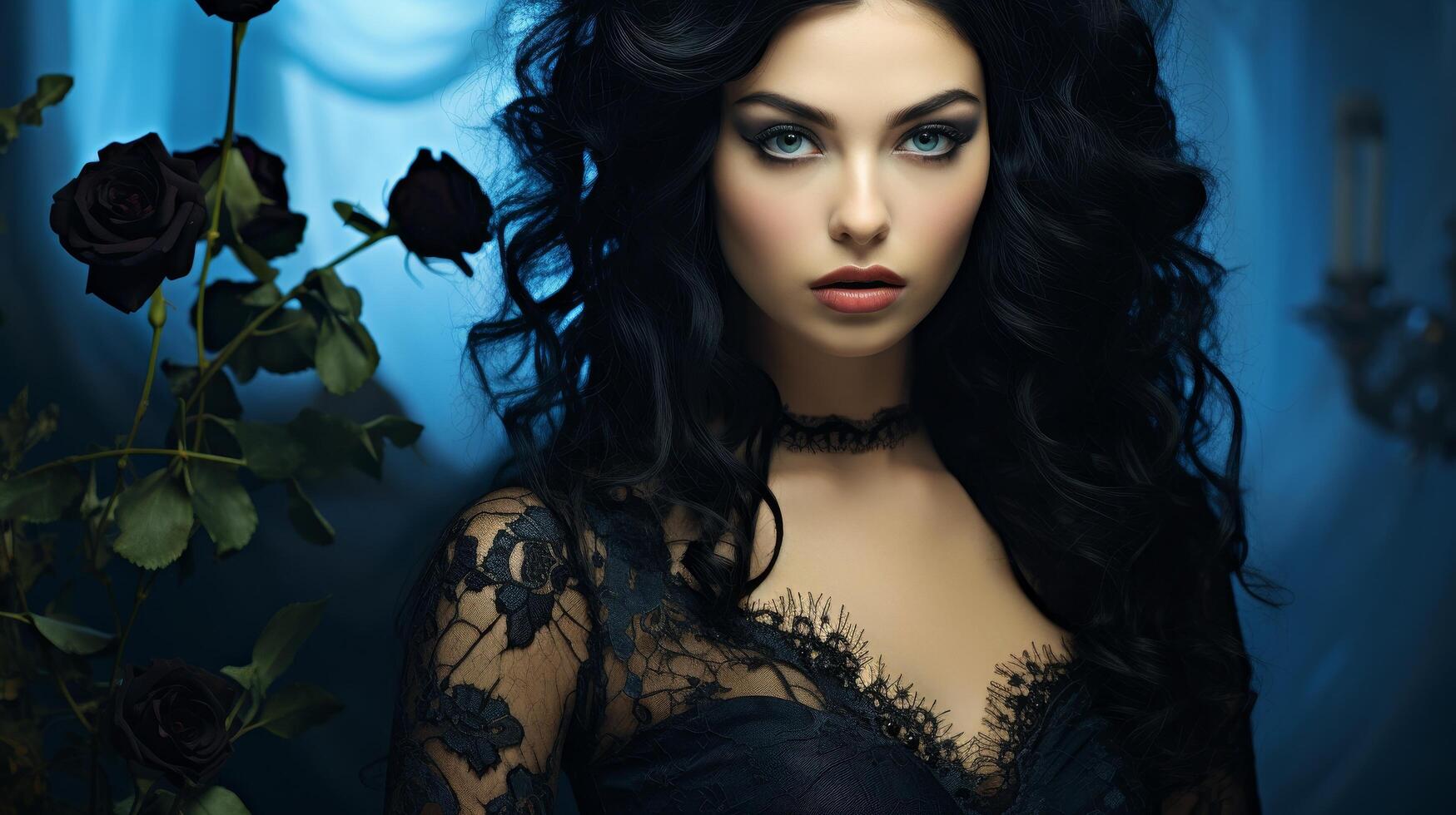 Mysterious woman with dark hair and dramatic makeup photo