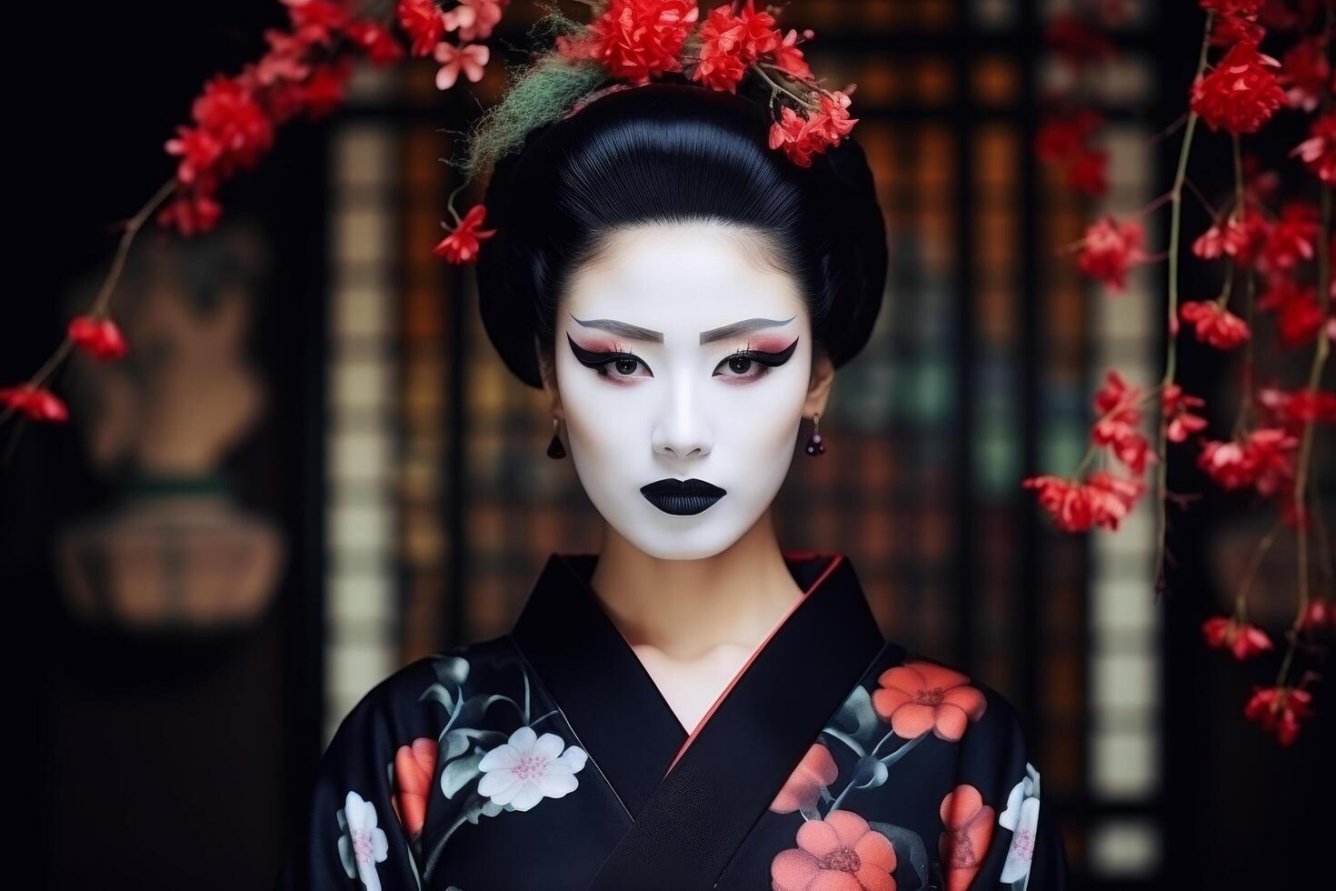 woman in traditional japanese geisha makeup and attire photo