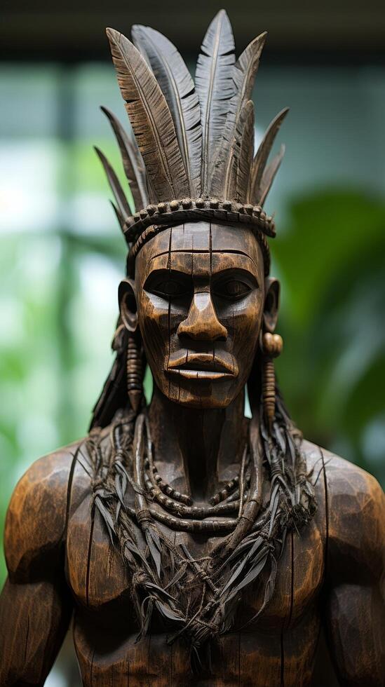 Wooden tribal mask with feathers photo