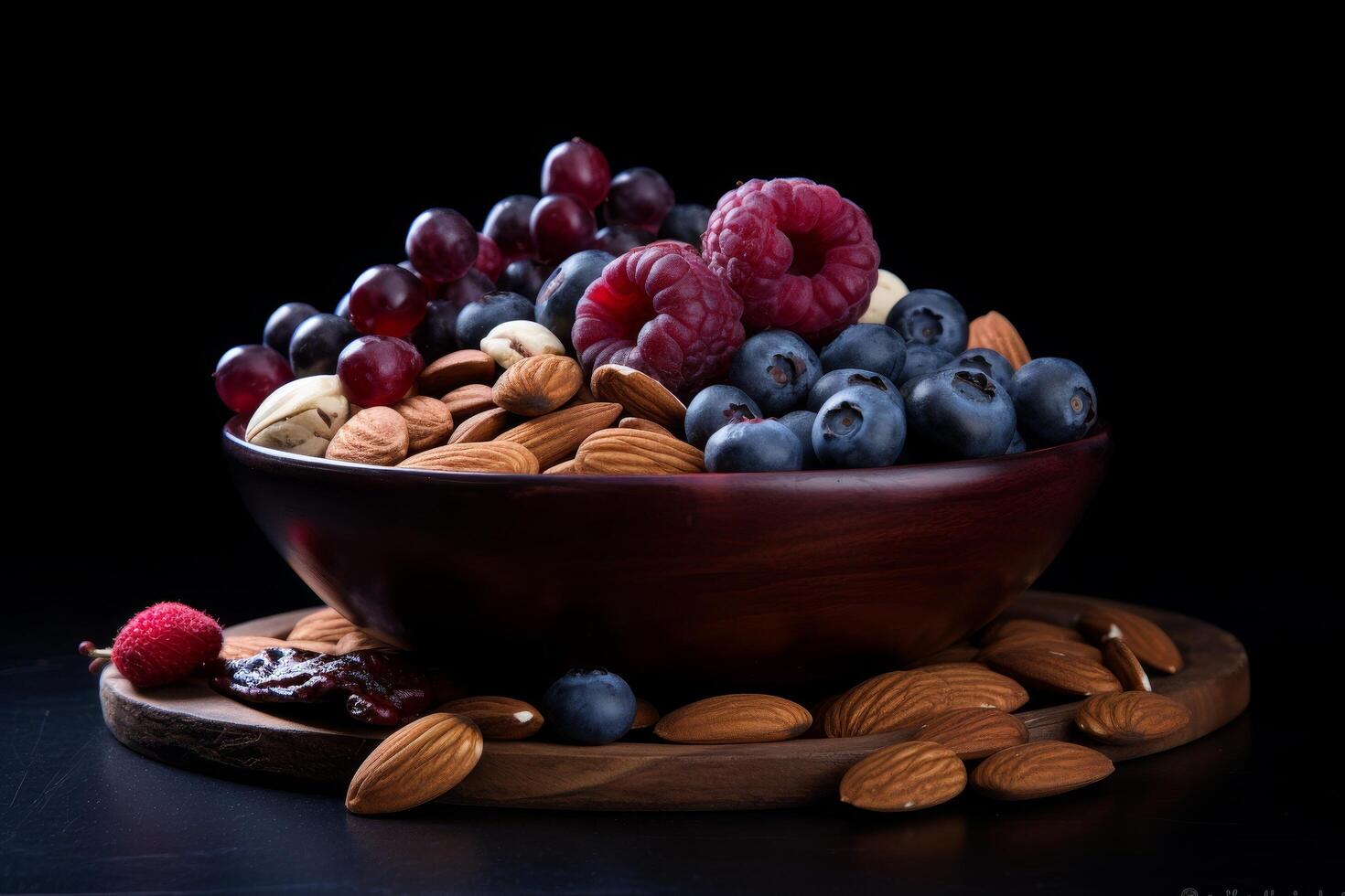 Assortment of fresh berries and nuts in a wooden bowl photo
