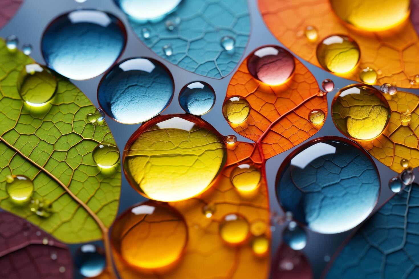 Colorful abstract liquid droplets on leaves photo