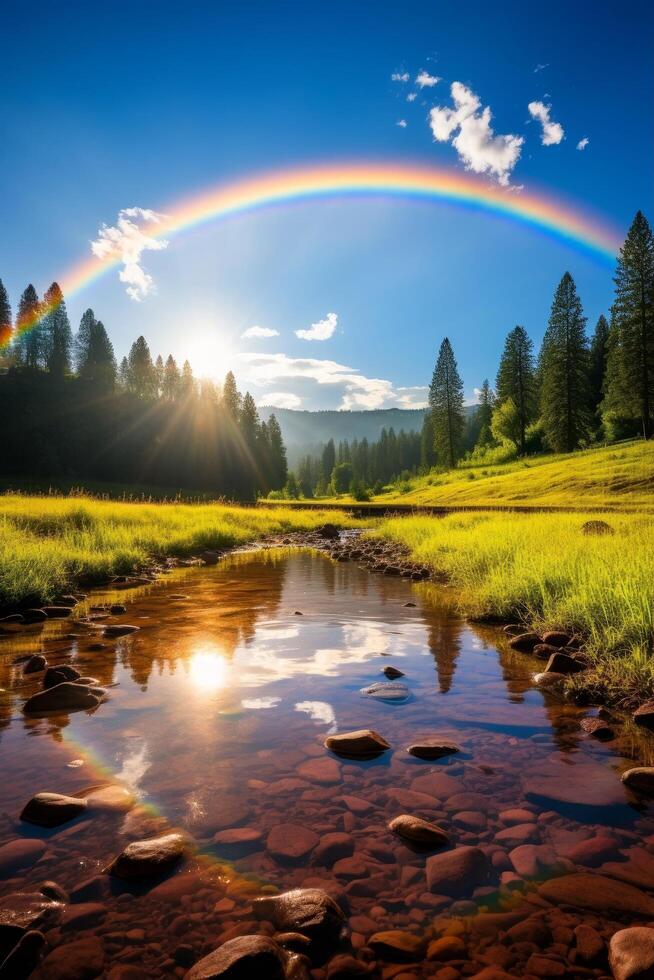 Vibrant rainbow over serene mountain stream photo
