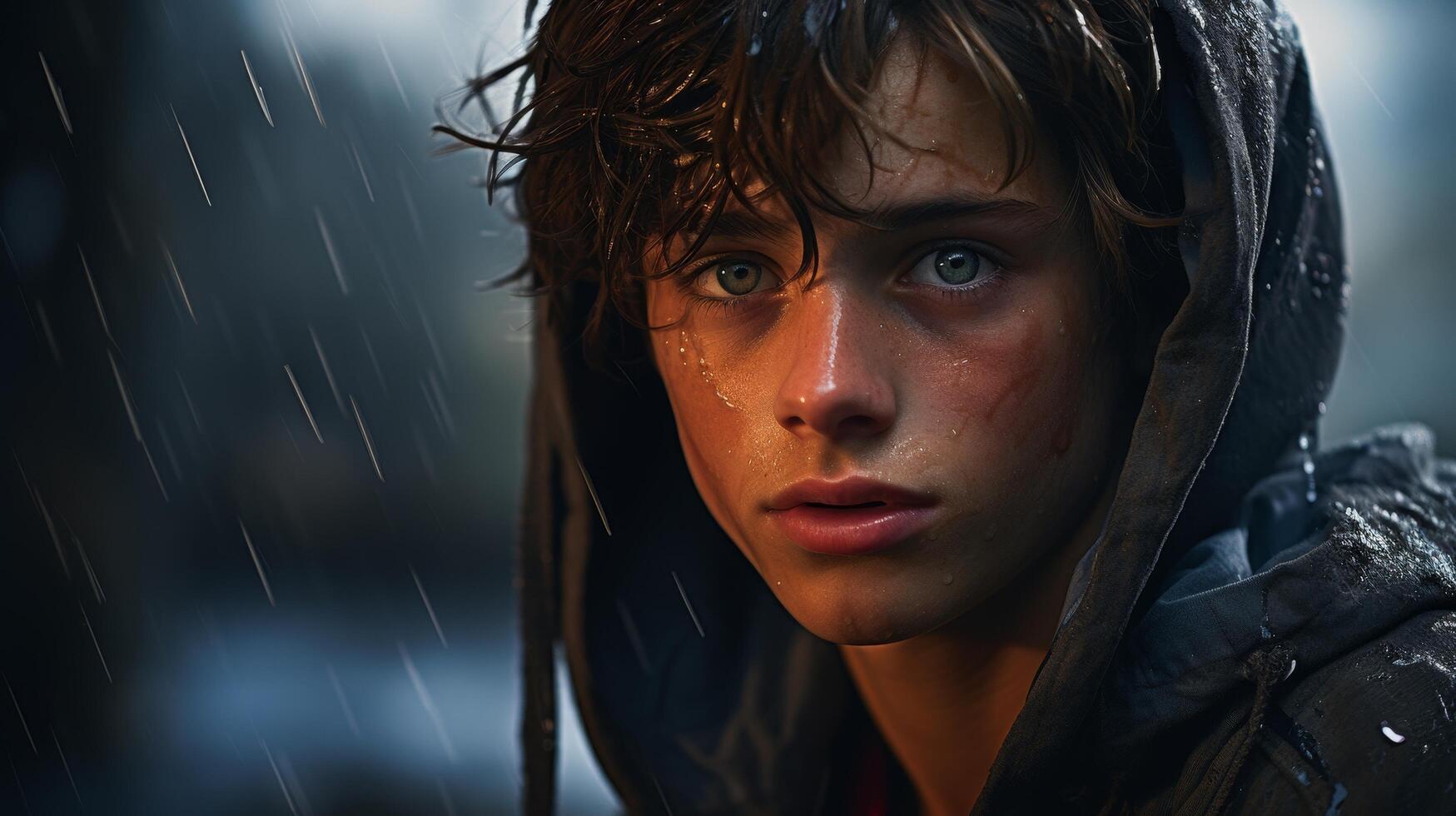 Intense gaze of a young person in the rain photo
