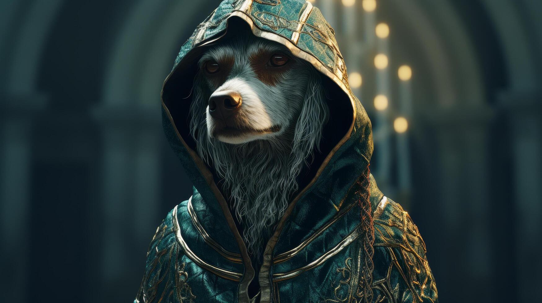 Mysterious hooded dog in the forest photo