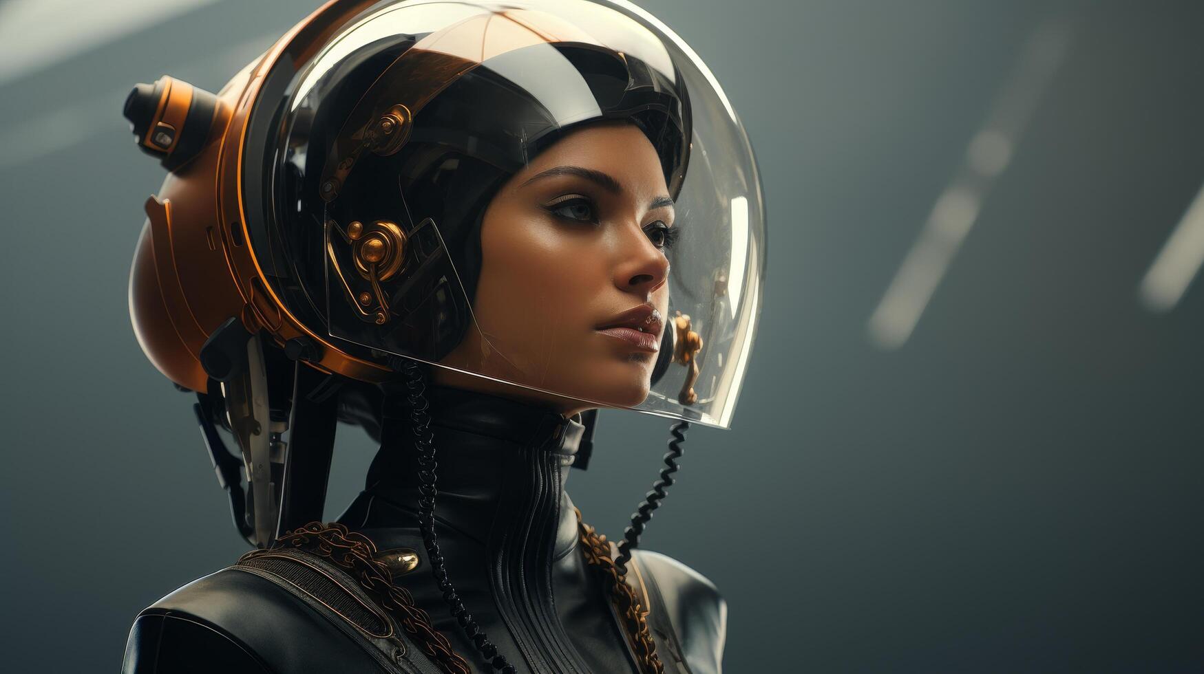 Futuristic astronaut woman in spacesuit helmet photo