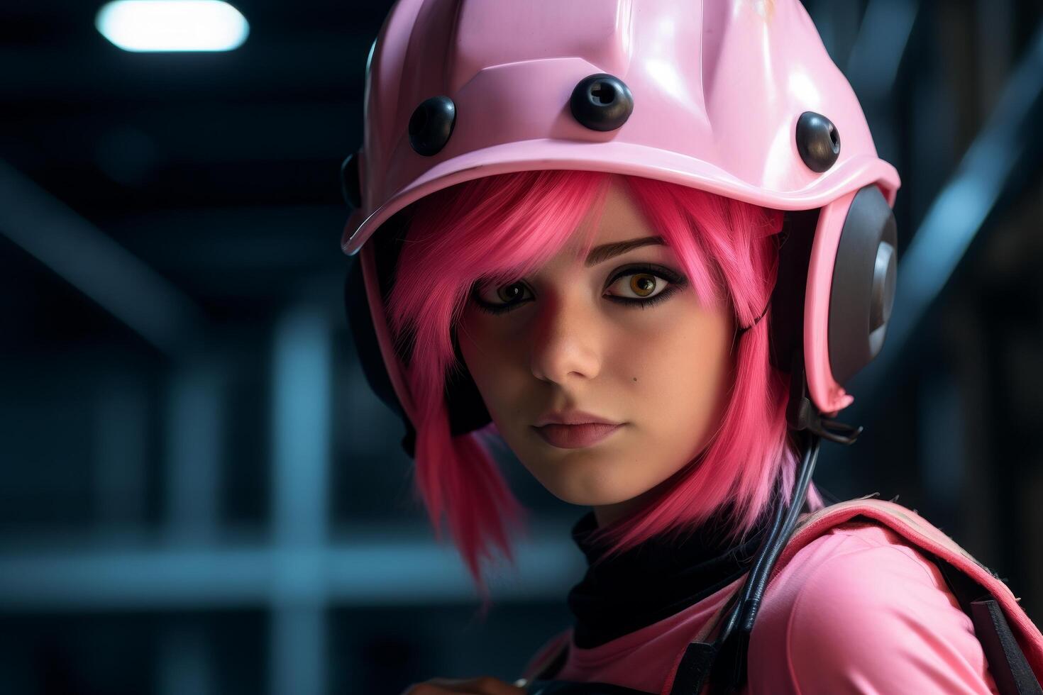 Futuristic woman in pink helmet photo