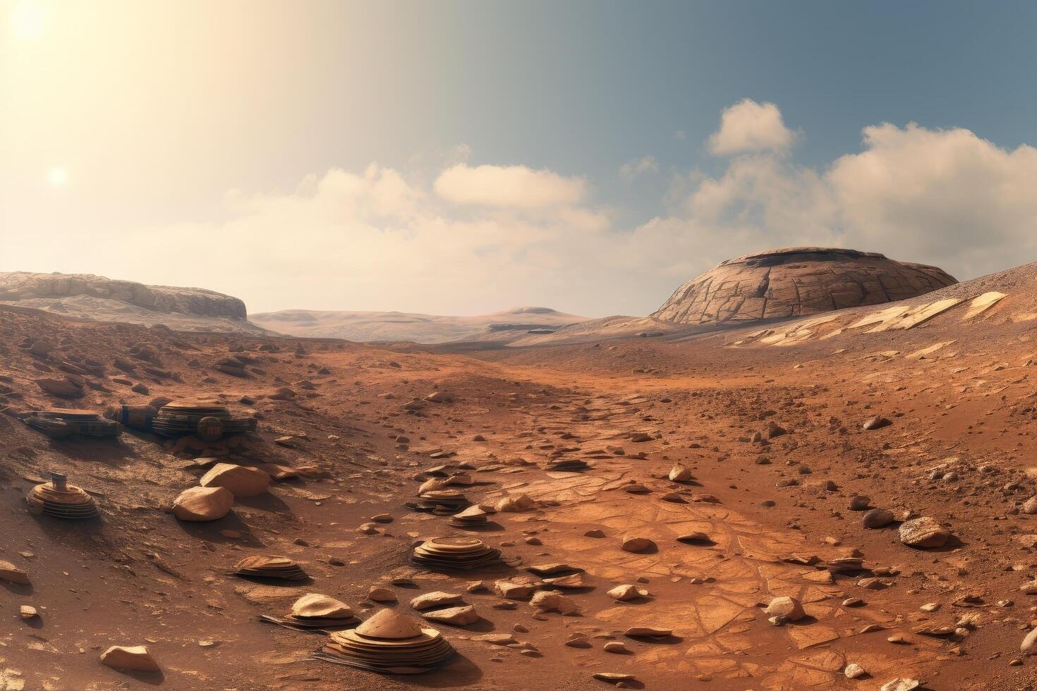 Vast Martian landscape with rocky formations and cloudy sky photo