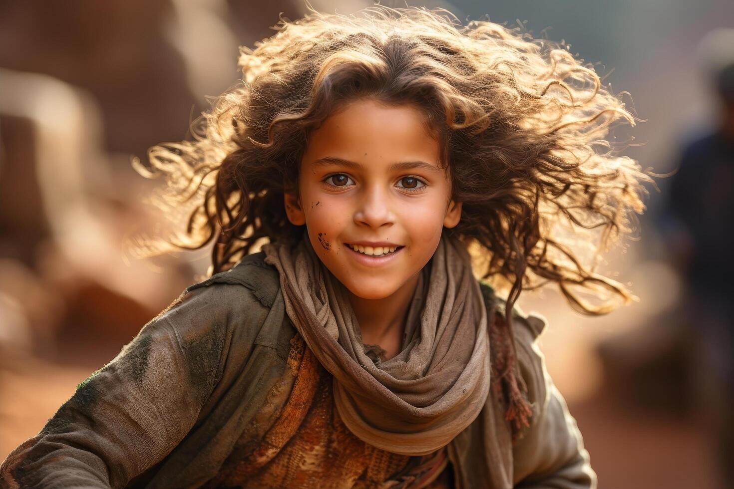 Smiling young child with curly hair and scarf photo