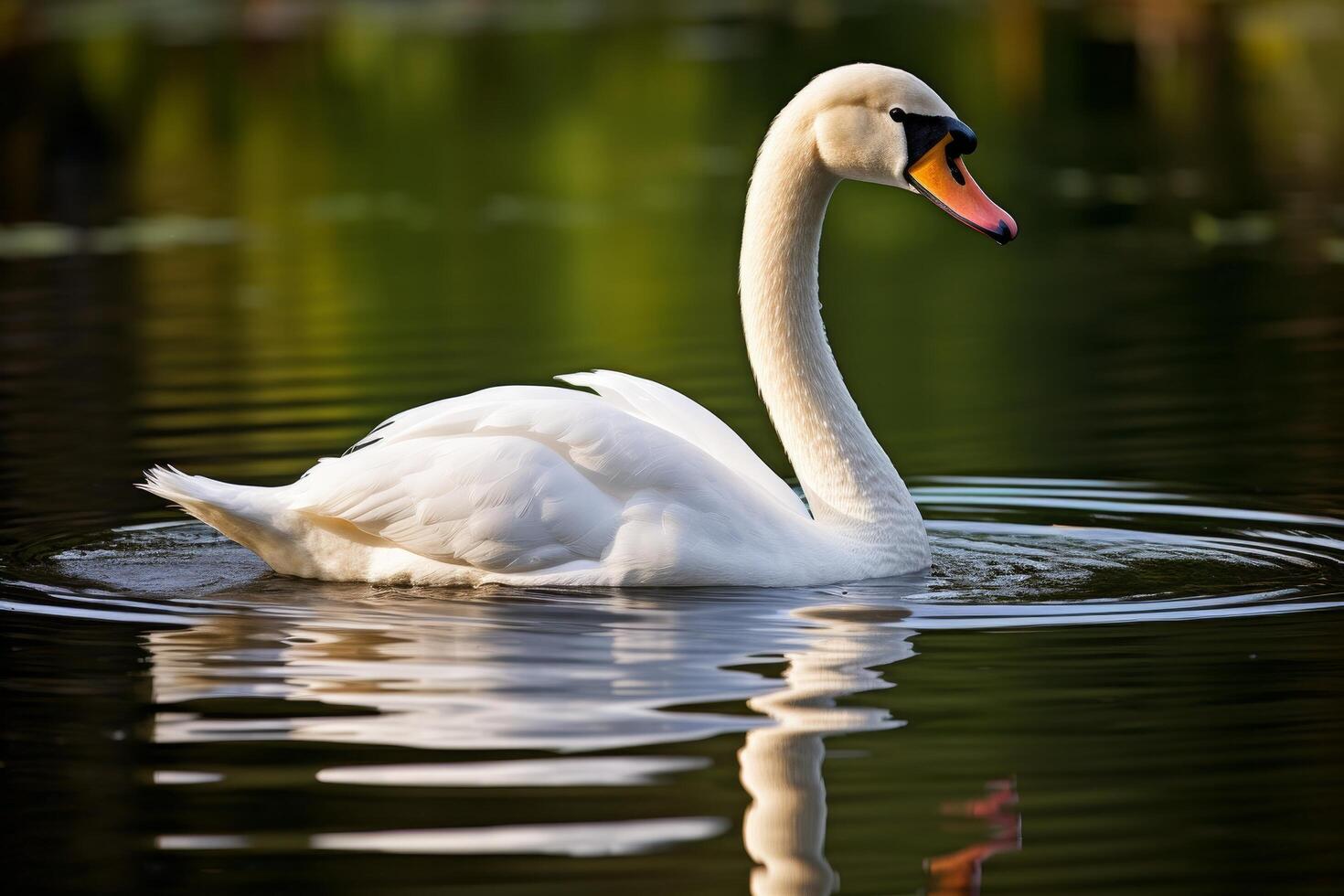 Elegant white swan swimming in a tranquil pond photo