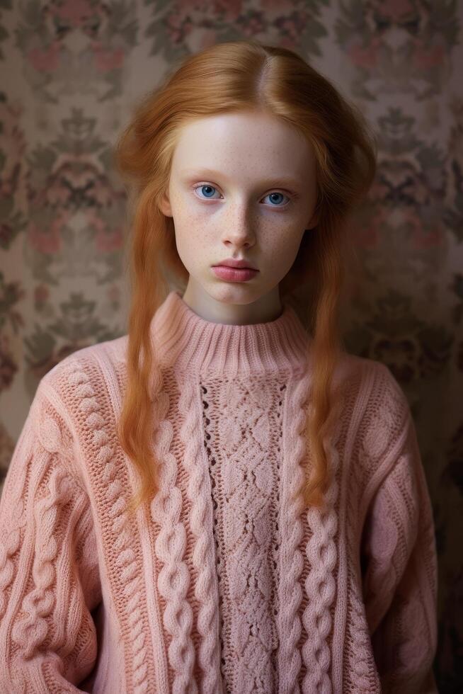 Pensive young girl in pink knit sweater photo