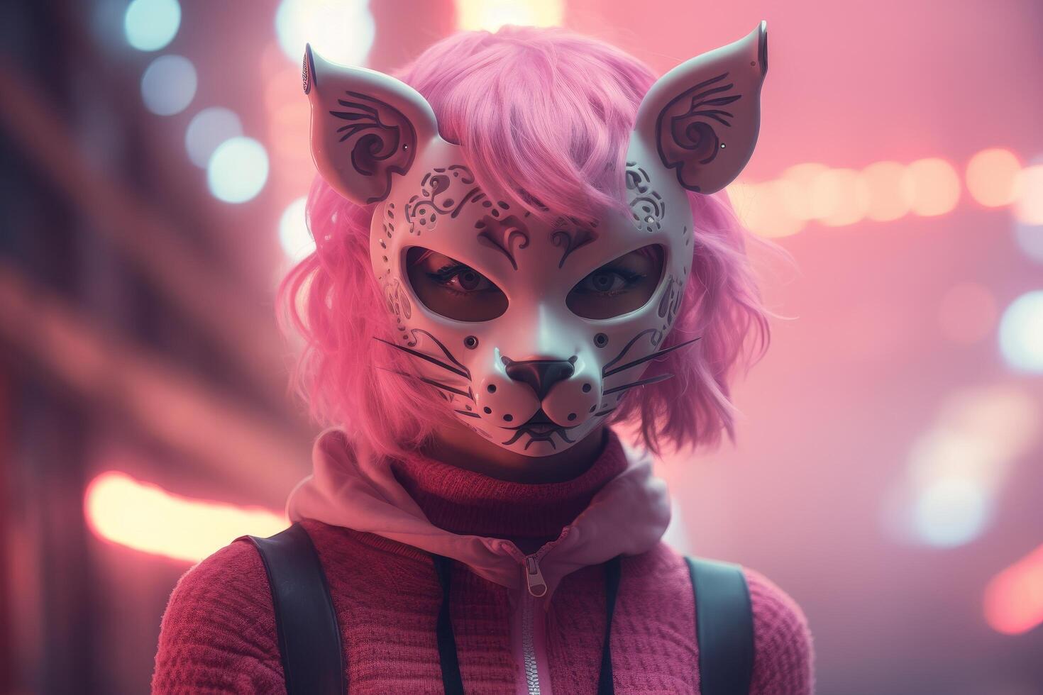 Mysterious masked figure in pink costume photo