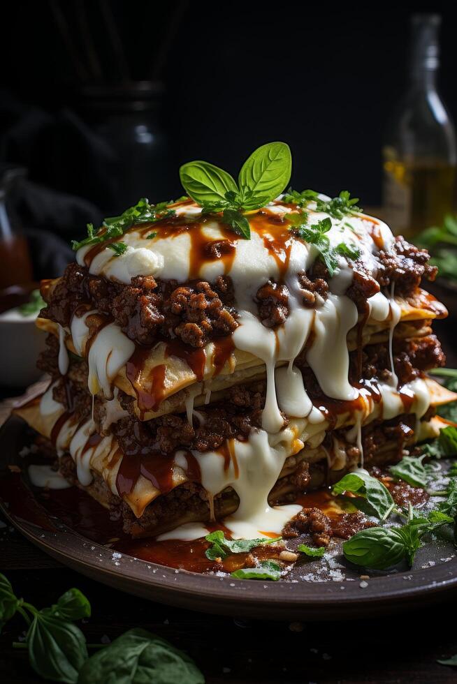 Delicious homemade lasagna with meat sauce and melted cheese photo