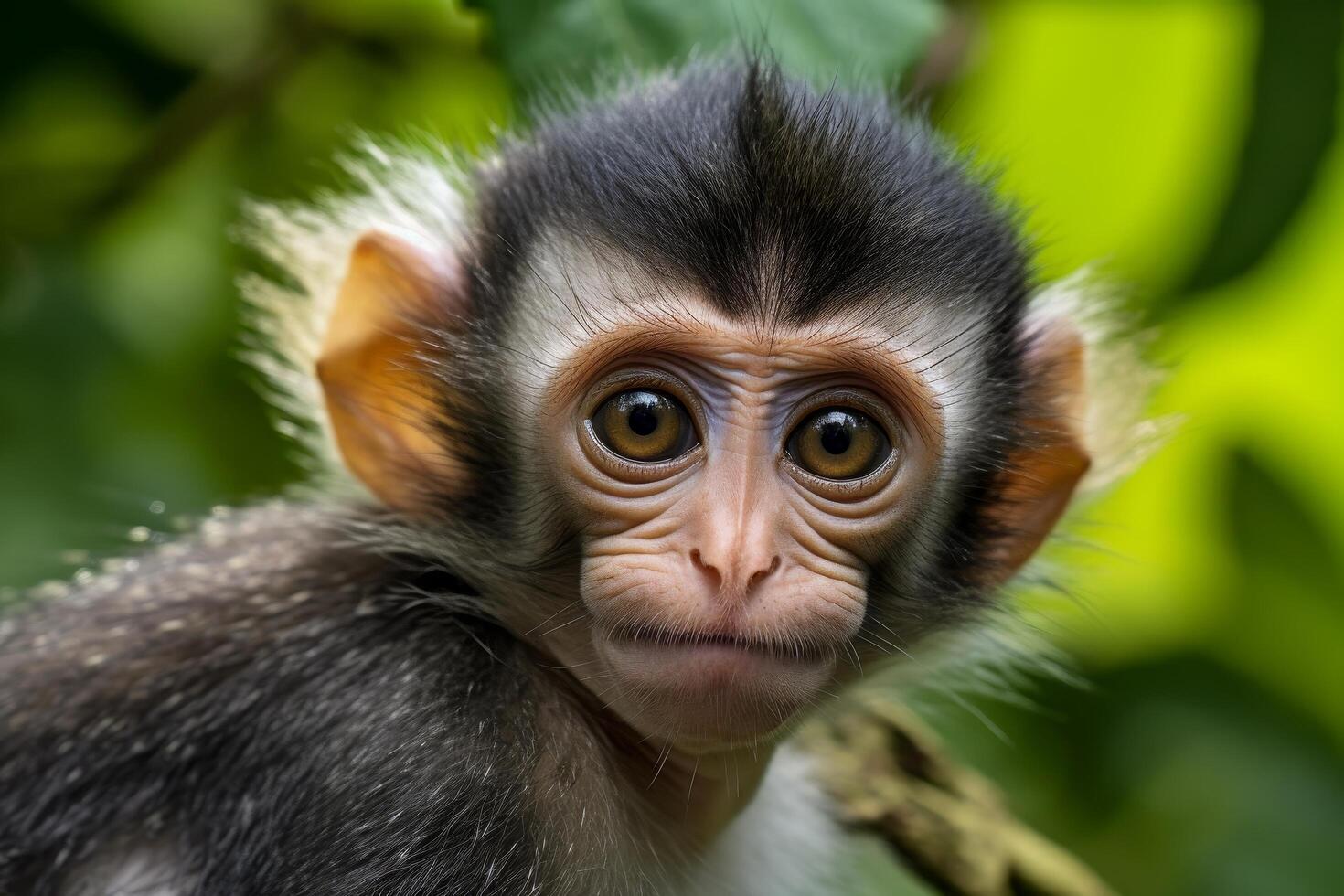 Curious baby monkey peering through leaves photo