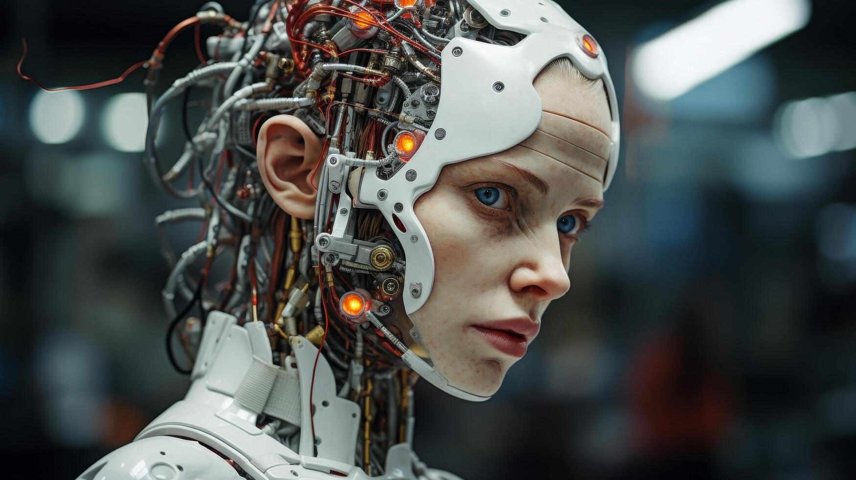 Futuristic cyborg with robotic face and glowing circuits photo