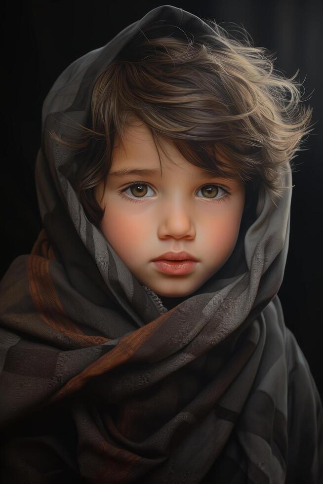 Captivating portrait of a young child with striking eyes and windswept hair photo