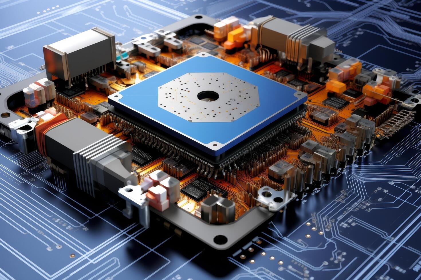 close up view of a computer motherboard with electronic components photo