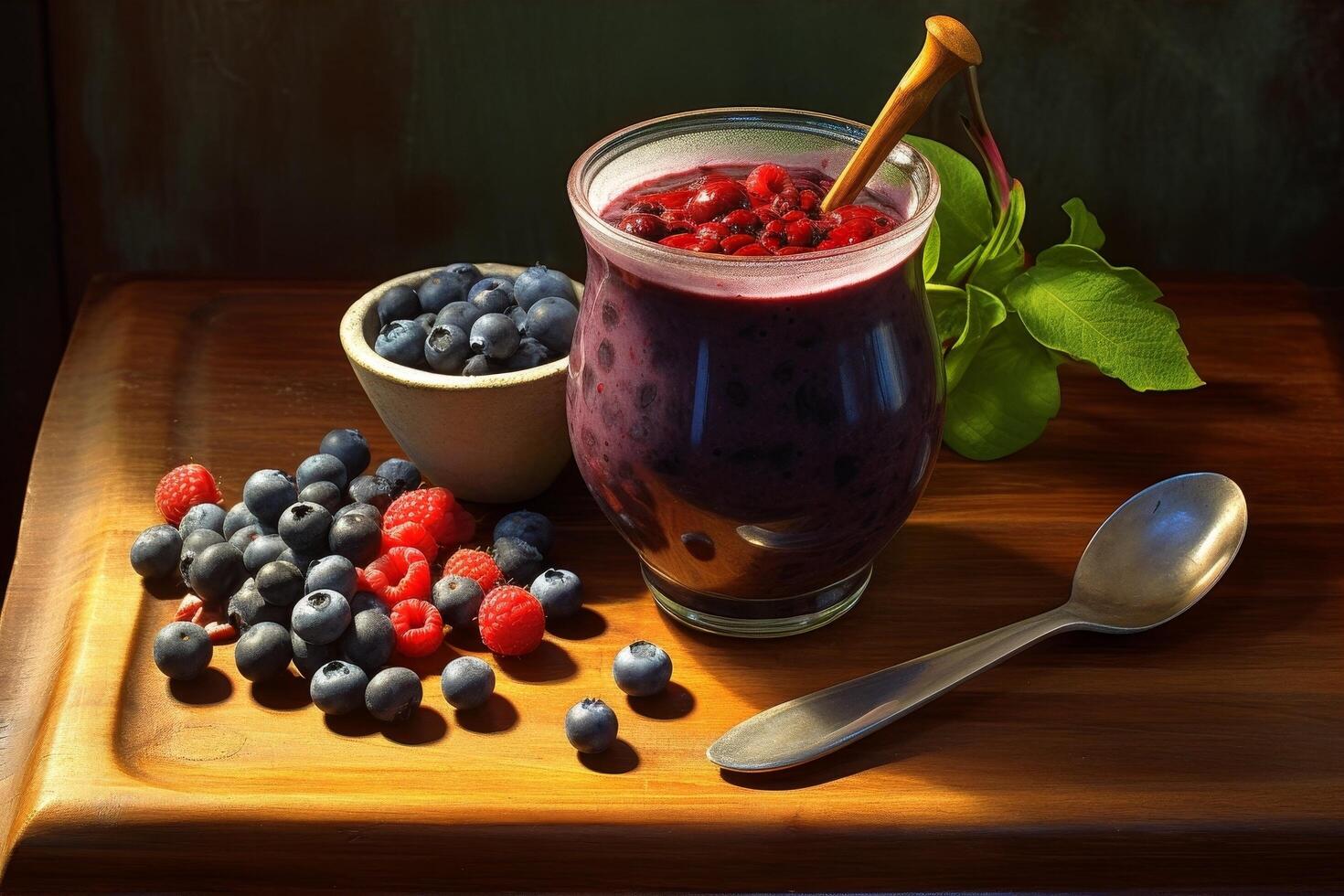 Healthy berry smoothie with fresh blueberries and raspberries photo