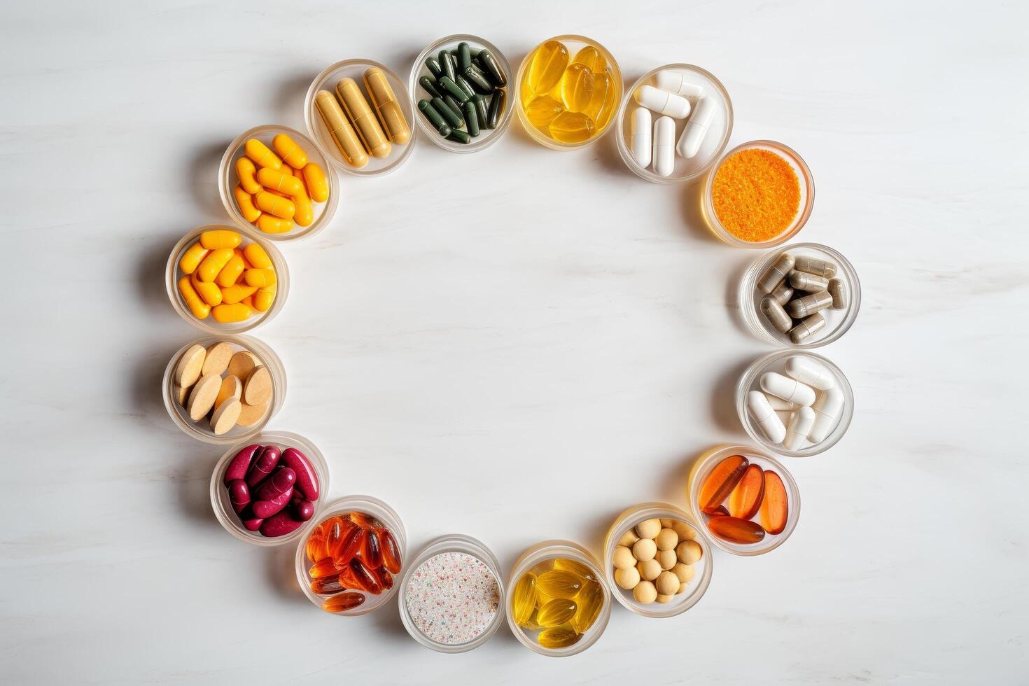Assortment of dietary supplements in bowls photo