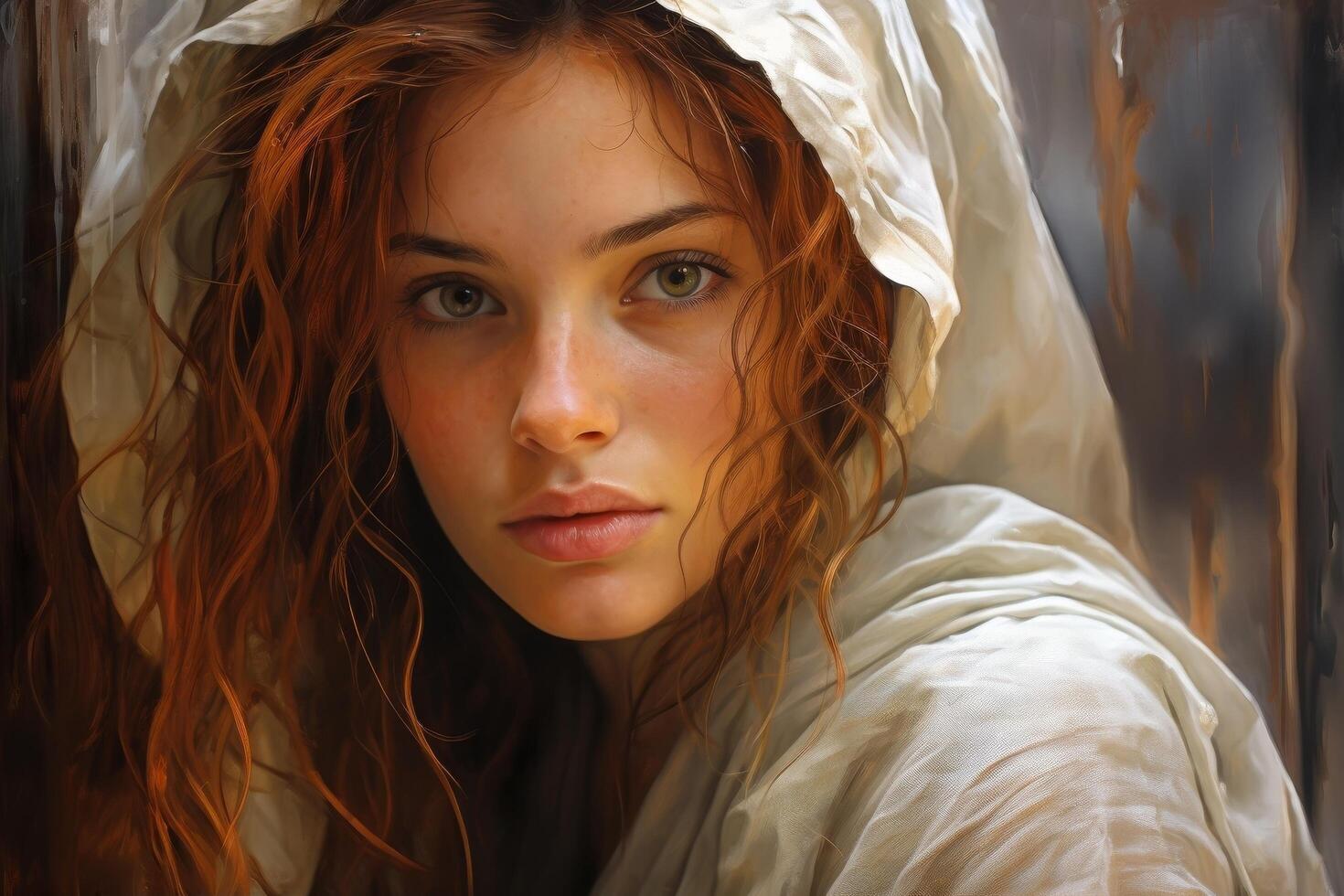 Redheaded woman with intense gaze photo