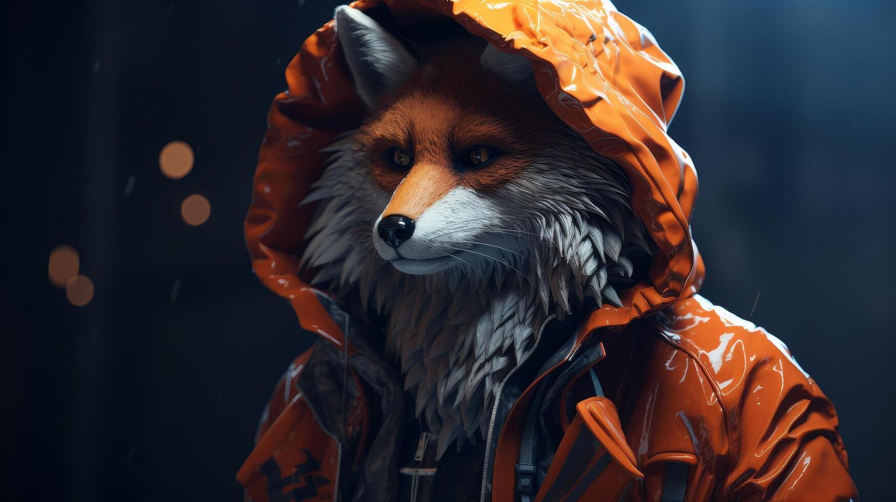 Closeup of a fox wearing an orange raincoat photo