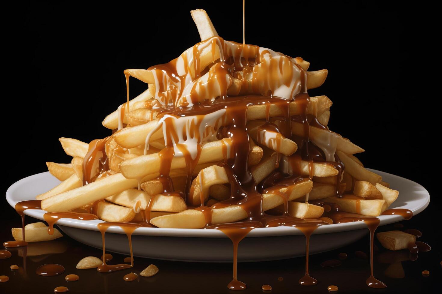 Delicious french fries with caramel sauce photo