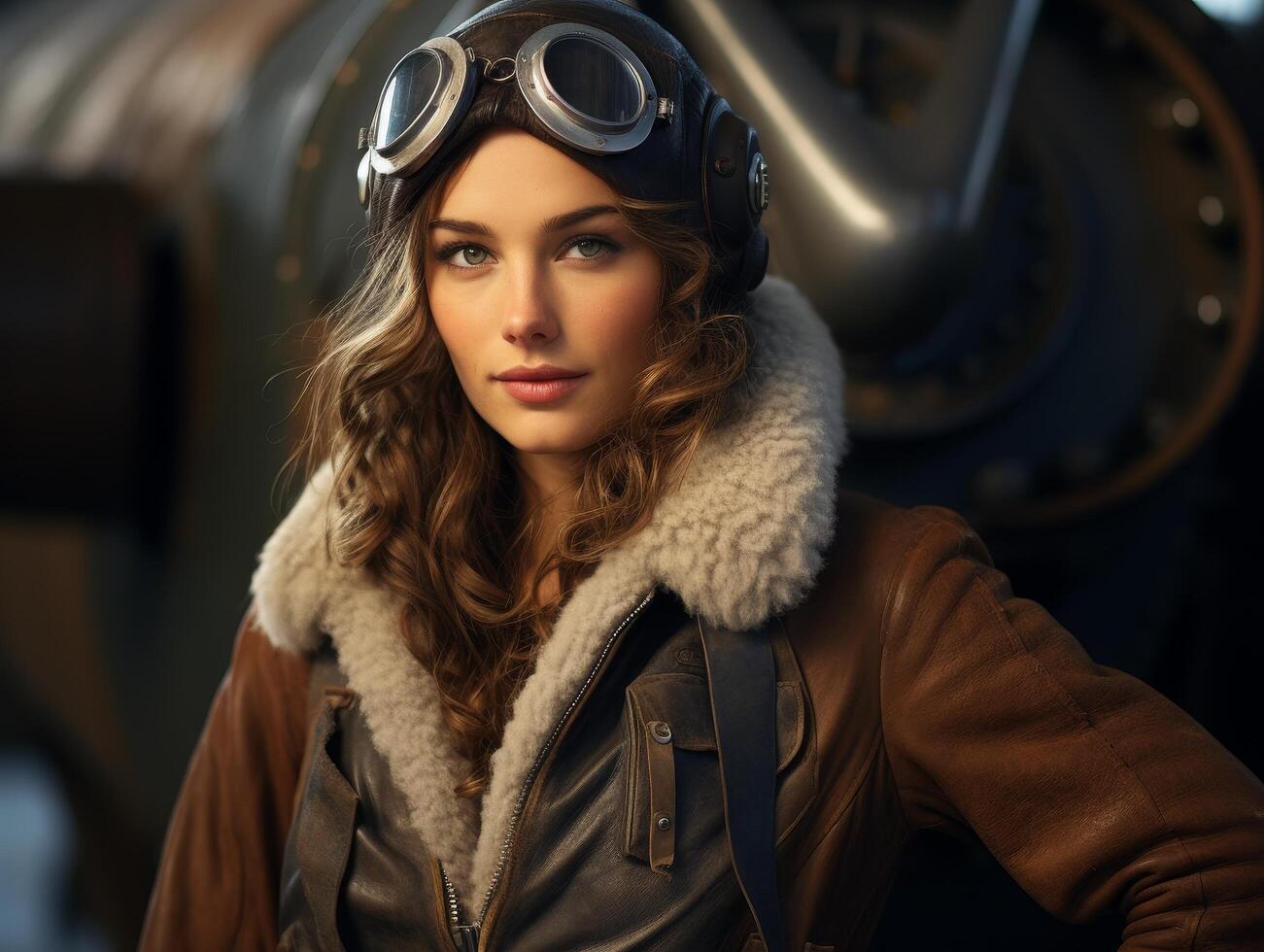 Stylish female pilot in vintage leather jacket and goggles photo