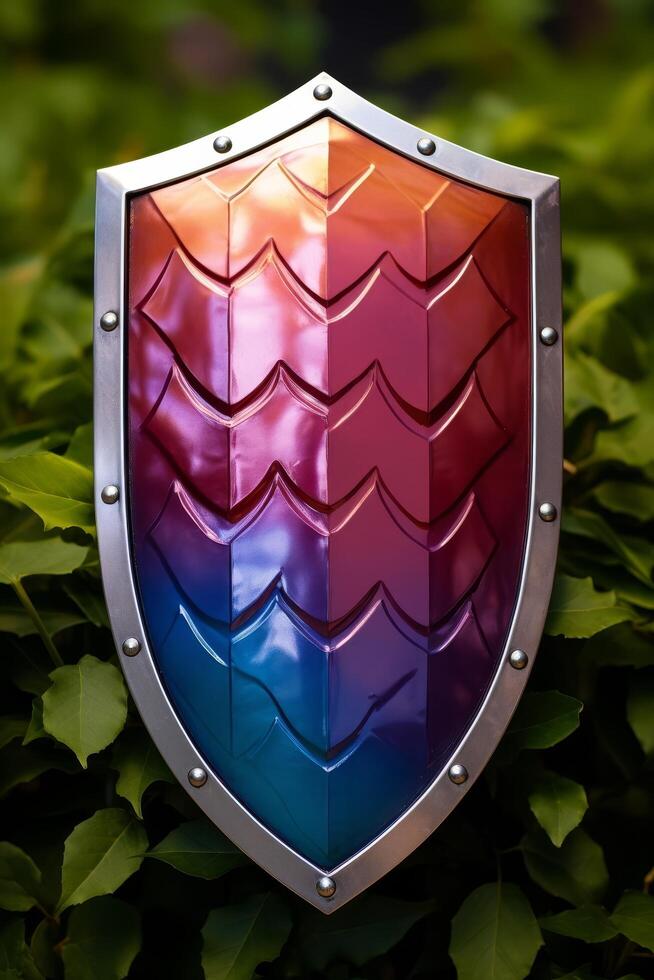 Vibrant shield with geometric pattern photo