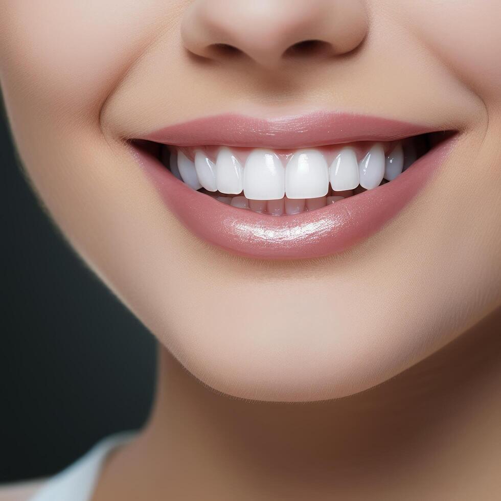 close up of a womans smiling lips with perfect teeth photo