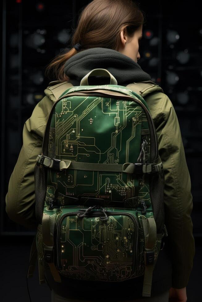 Futuristic backpack with circuit board design photo