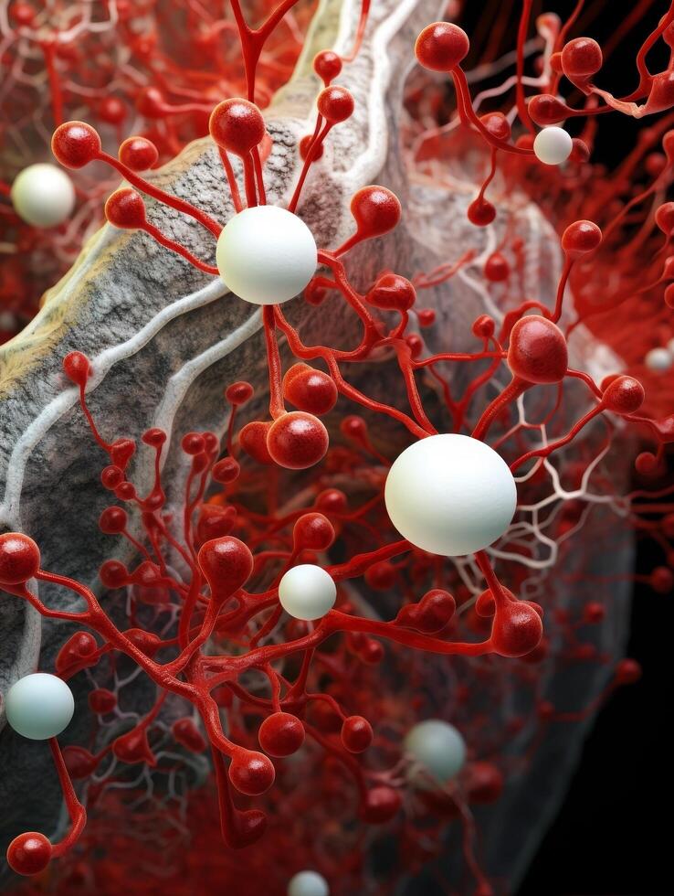 Intricate red and white molecular structure photo