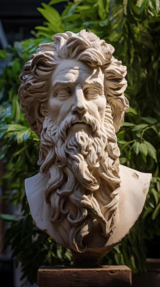 Detailed stone bust sculpture of a bearded man photo