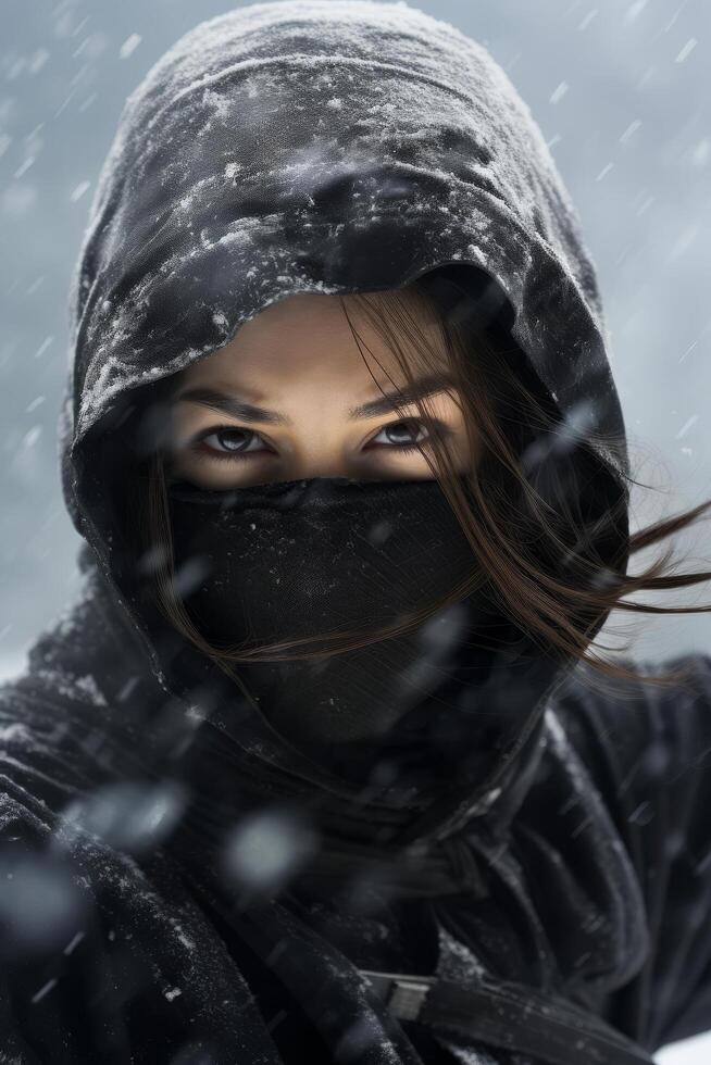 mysterious woman in winter storm photo