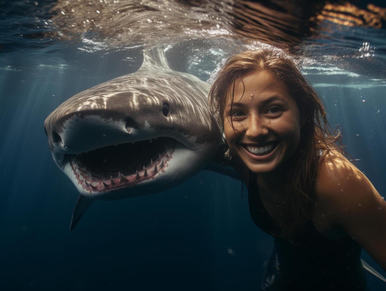 smiling woman swimming with shark photo