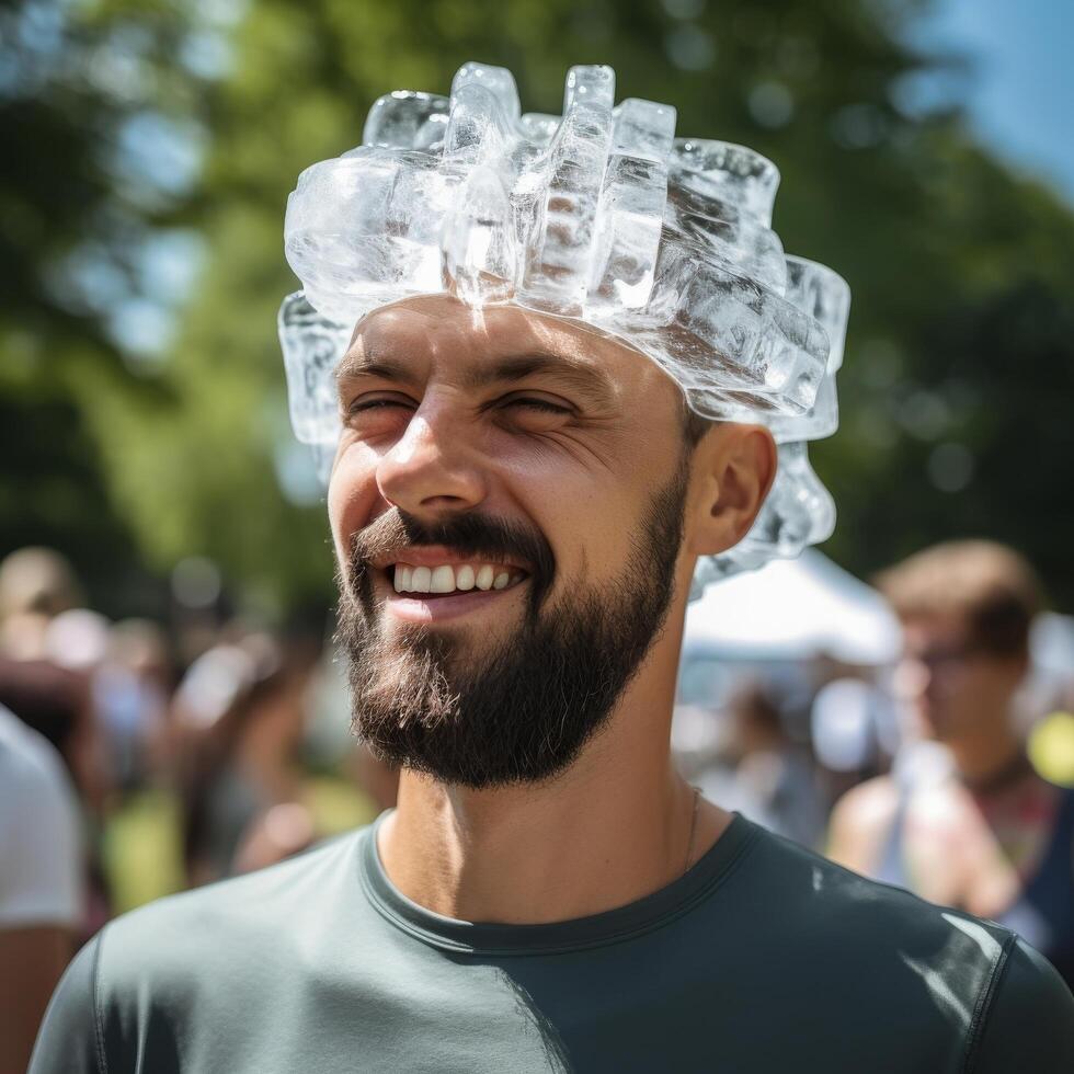 man wearing ice cube hat smiling outdoors photo