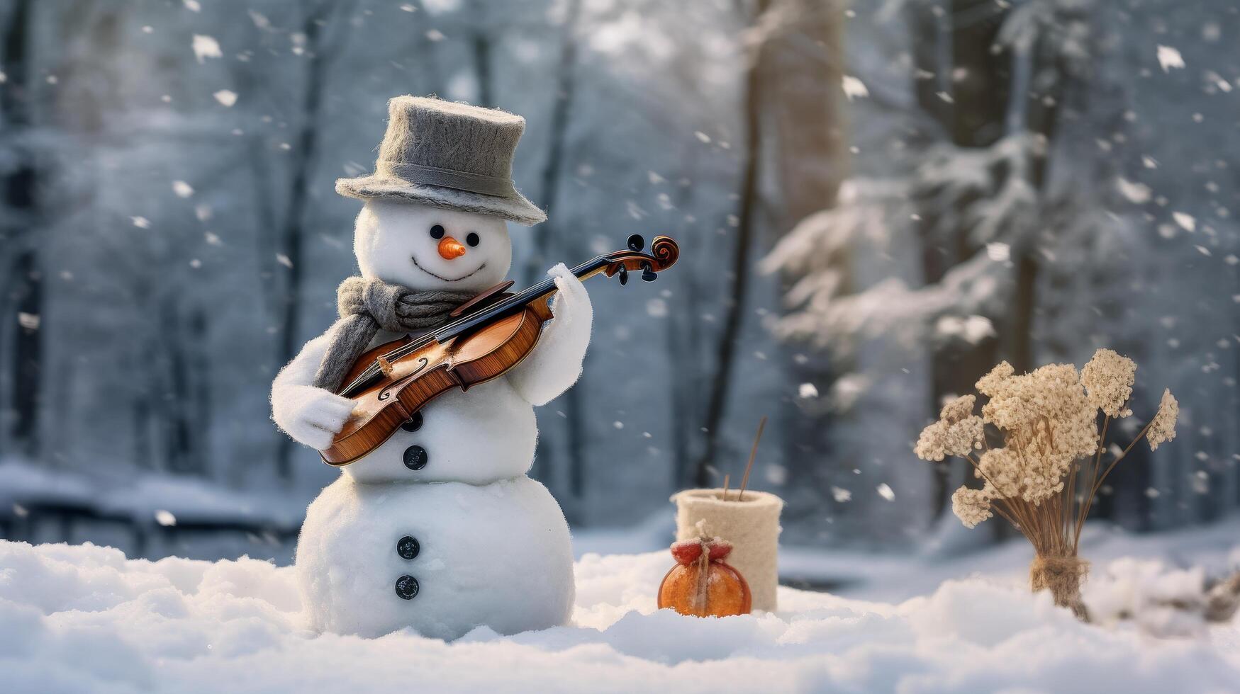 Snowman playing violin in winter wonderland photo