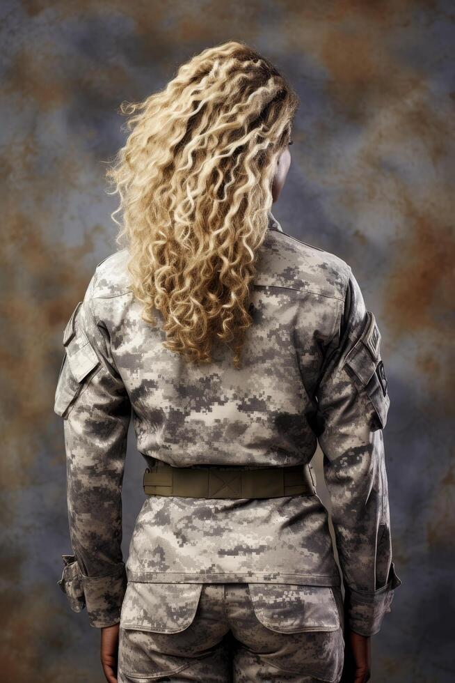 Curly haired soldier in camouflage uniform photo