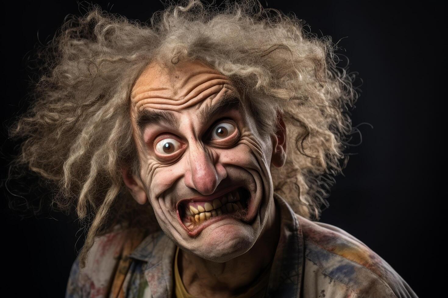 Frightening and eccentric looking old man with wild hair and exaggerated facial features photo