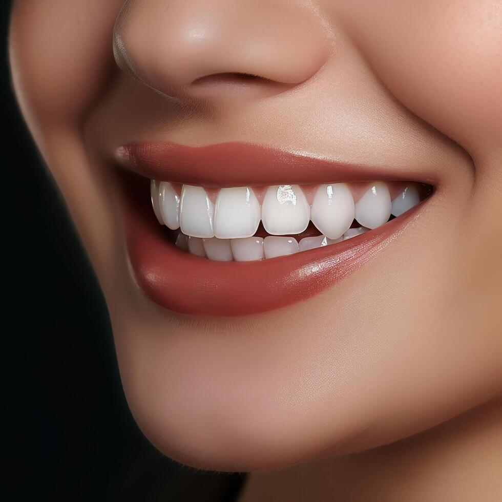 Closeup of a smiling womans lips and teeth photo