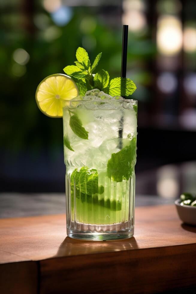 refreshing mint lemonade cocktail with ice and lime photo