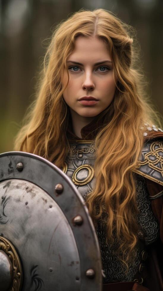 Fierce female warrior with shield and armor photo