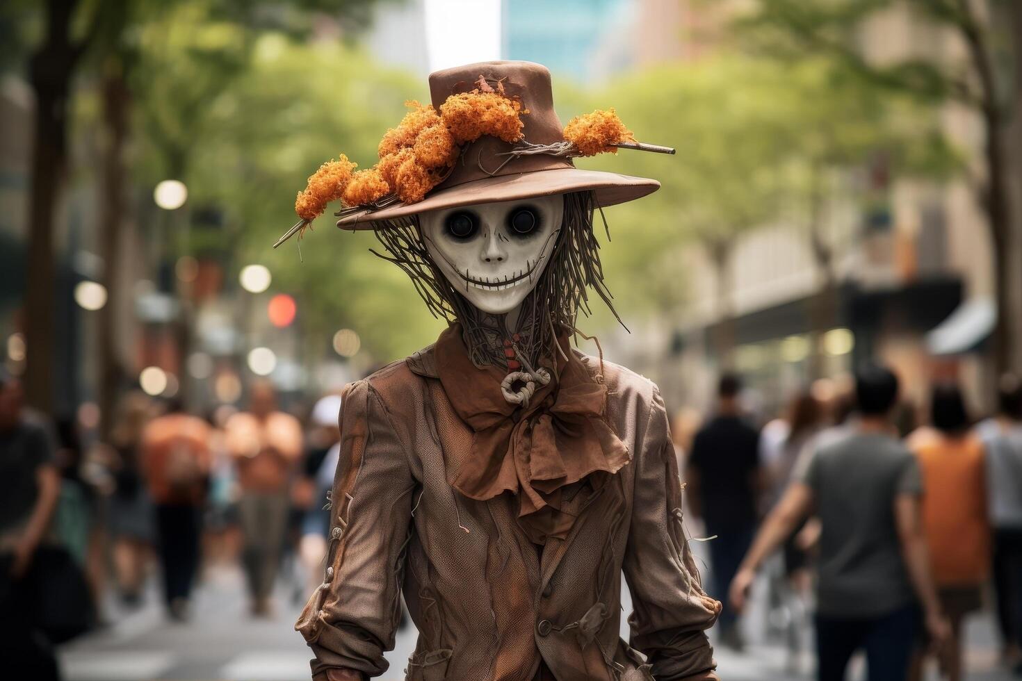 Spooky halloween costume on city street photo