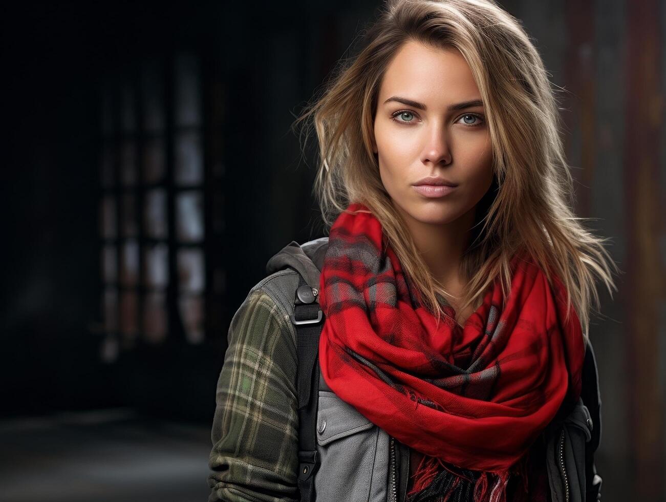 Confident woman in red scarf and jacket photo