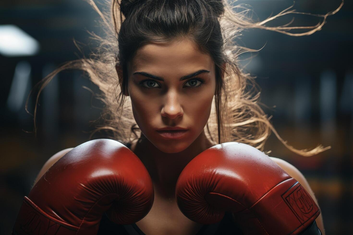 Determined female boxer with intense expression photo