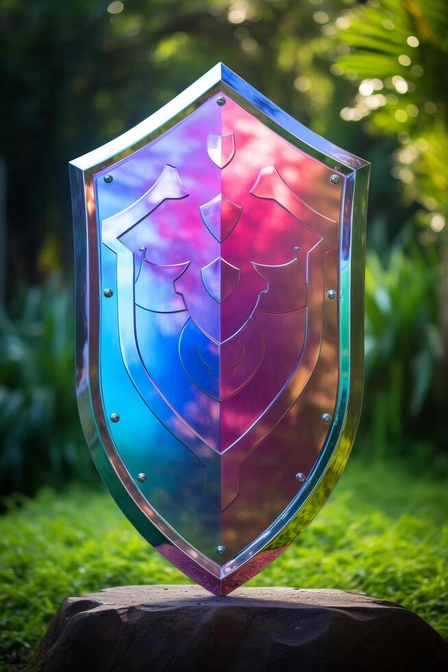 Colorful Reflective Shield Sculpture in Nature photo